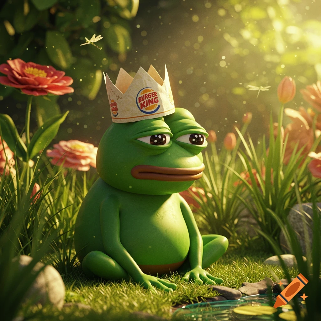 Pepe the Frog wearing a Burger King crown sits in a vibrant, sunlit garden by a small pond.