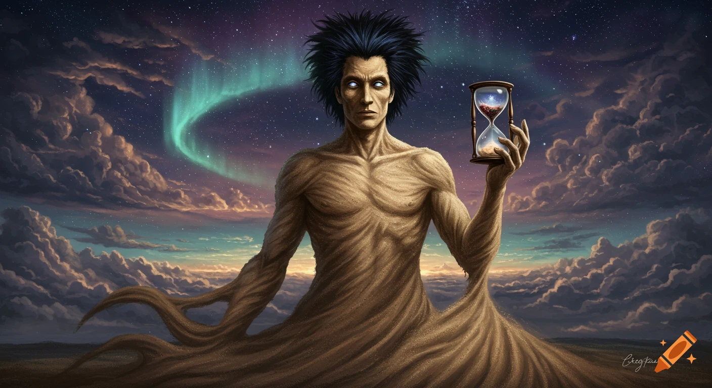 A gaunt, sand-bodied deity with spiky dark hair and glowing eyes holds an hourglass under a cosmic sky with an aurora, in epic fantasy art style.