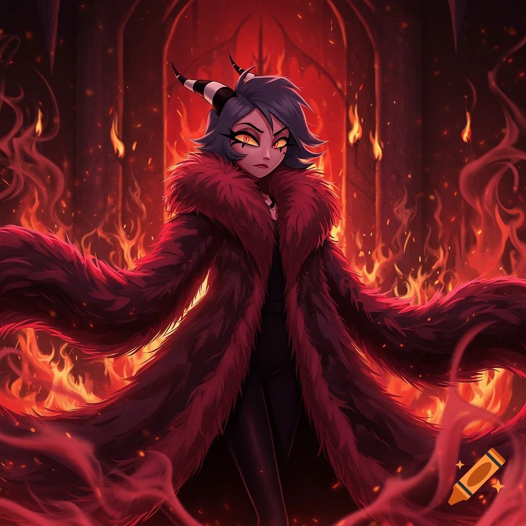 A stylized depiction of a demon character with horns and yellow eyes, wearing a large red fur coat, standing in a fiery hellish setting.
