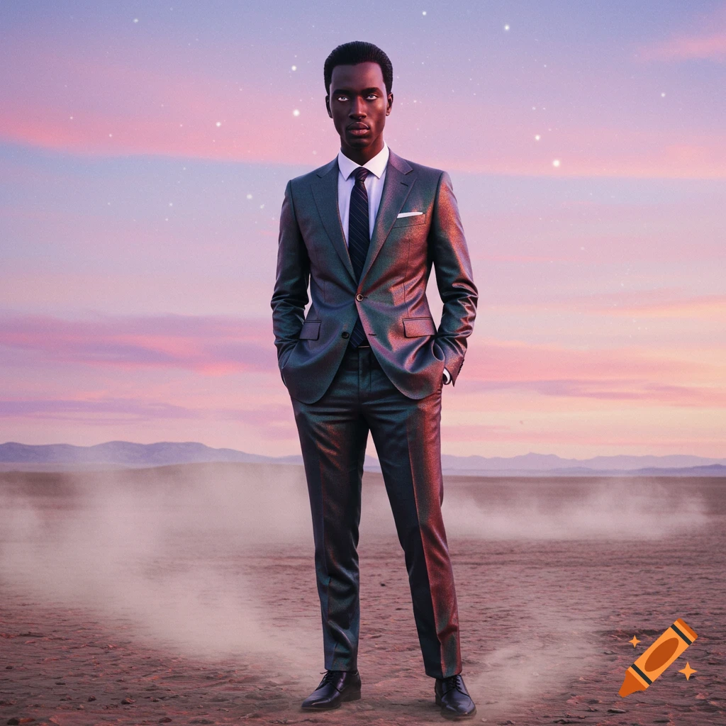 A dark-skinned man in a shimmering suit stands in a vast desert landscape under a pink and purple sunset sky with scattered stars.