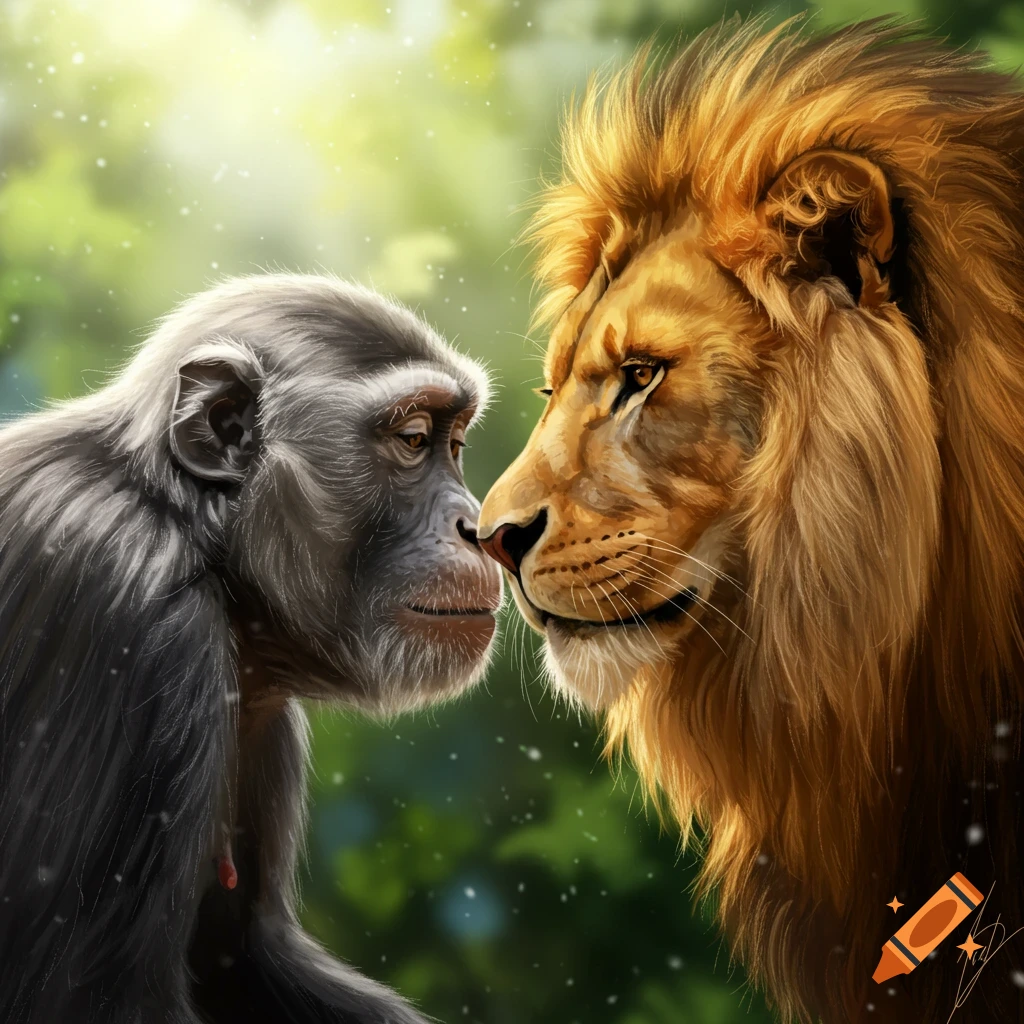 Photorealistic illustration of a chimpanzee and a lion nose to nose, with a green, softly lit background.