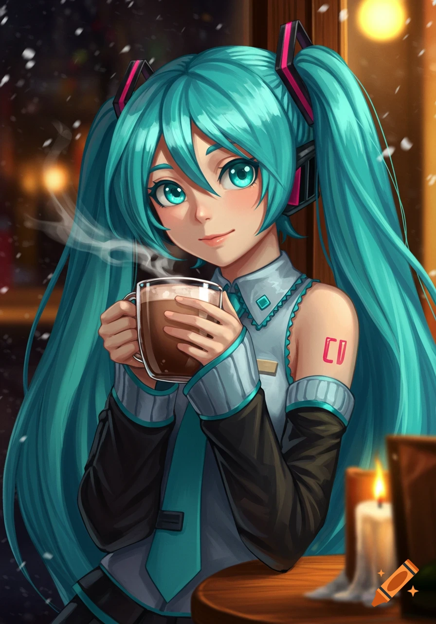 Anime illustration of Hatsune Miku with blue pigtails, holding a steaming mug of hot chocolate in a cozy, snowy setting.