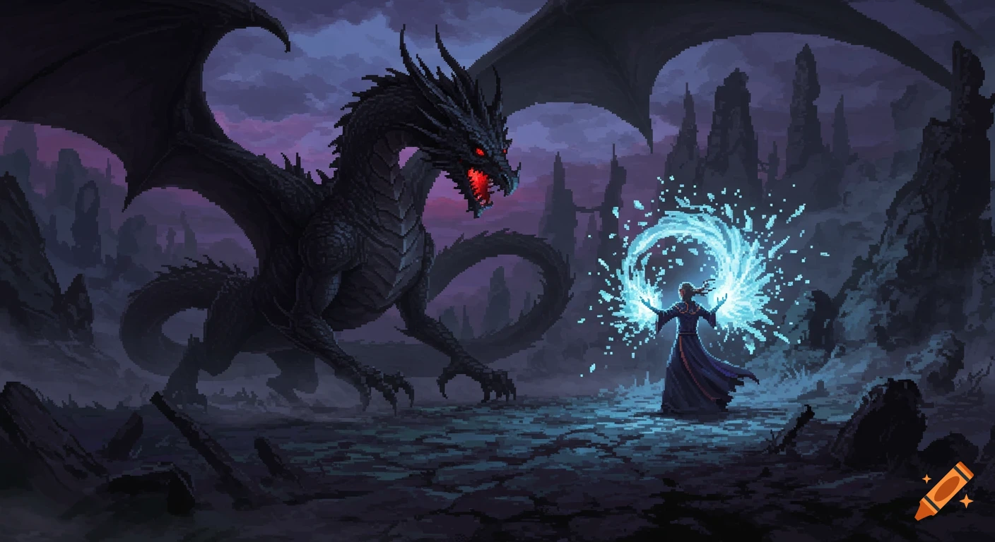 A pixelated dark fantasy image of a black dragon with red eyes facing a mage casting a blue ice spell amidst a gloomy, rocky landscape.