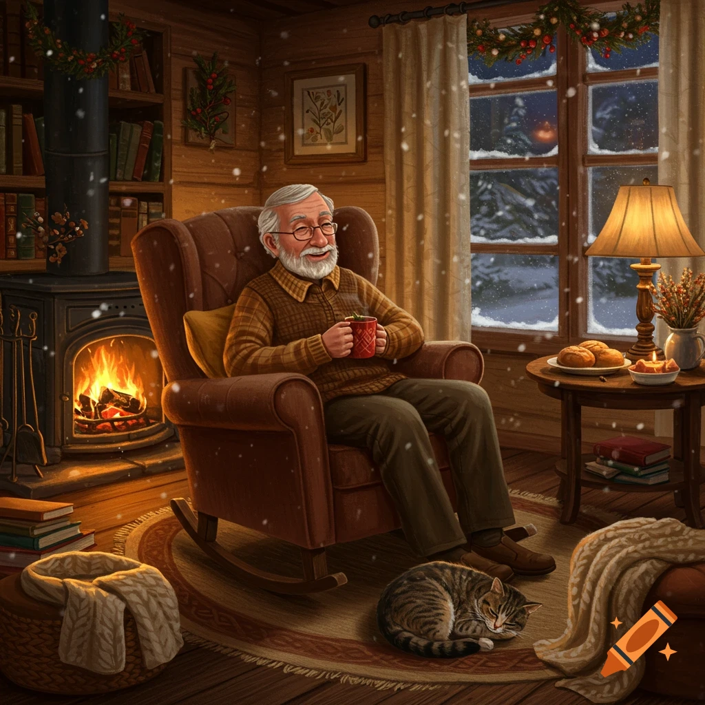 An elderly man sips from a mug in a rocking chair by a warm fireplace with a sleeping cat nearby, as snow falls outside a window.