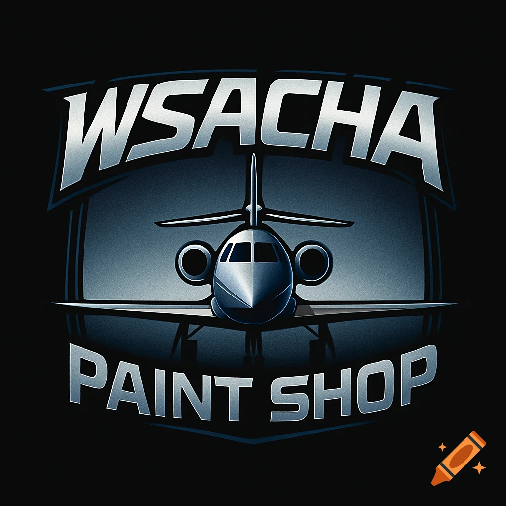 Metallic logo for WSACHA Paint Shop featuring a front-facing Dassault Falcon jet within a shield shape.