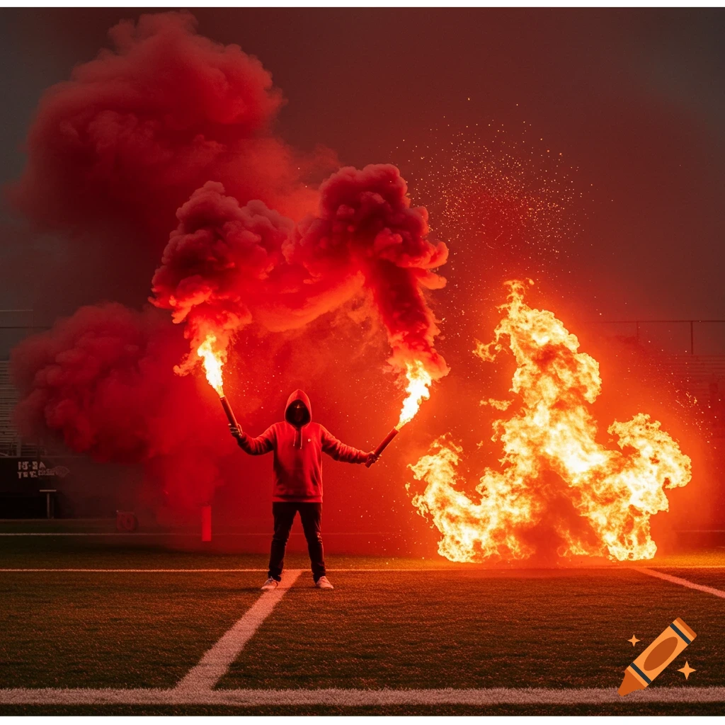 A person in a red hoodie stands on a sports field holding two burning flares, surrounded by thick red smoke and large flames, photorealistic style.