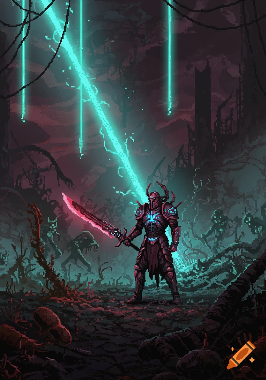 An armored warrior wielding a glowing sword stands in a dark, alien pixel art landscape with glowing beams and shadowy creatures.