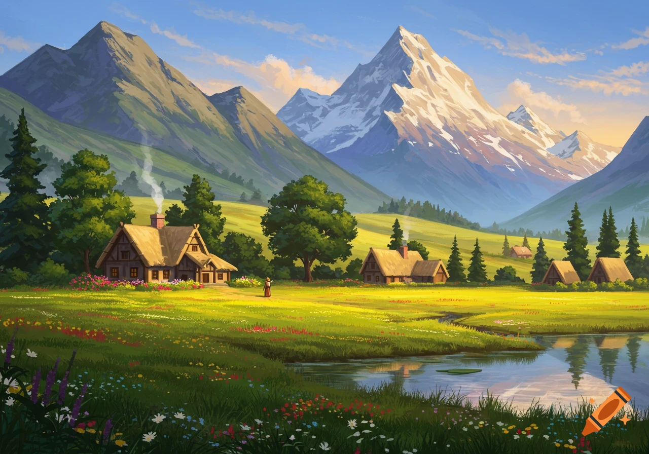Vibrant illustration of a mountain village with a lake, houses with thatched roofs, and a person walking in a lush green valley.
