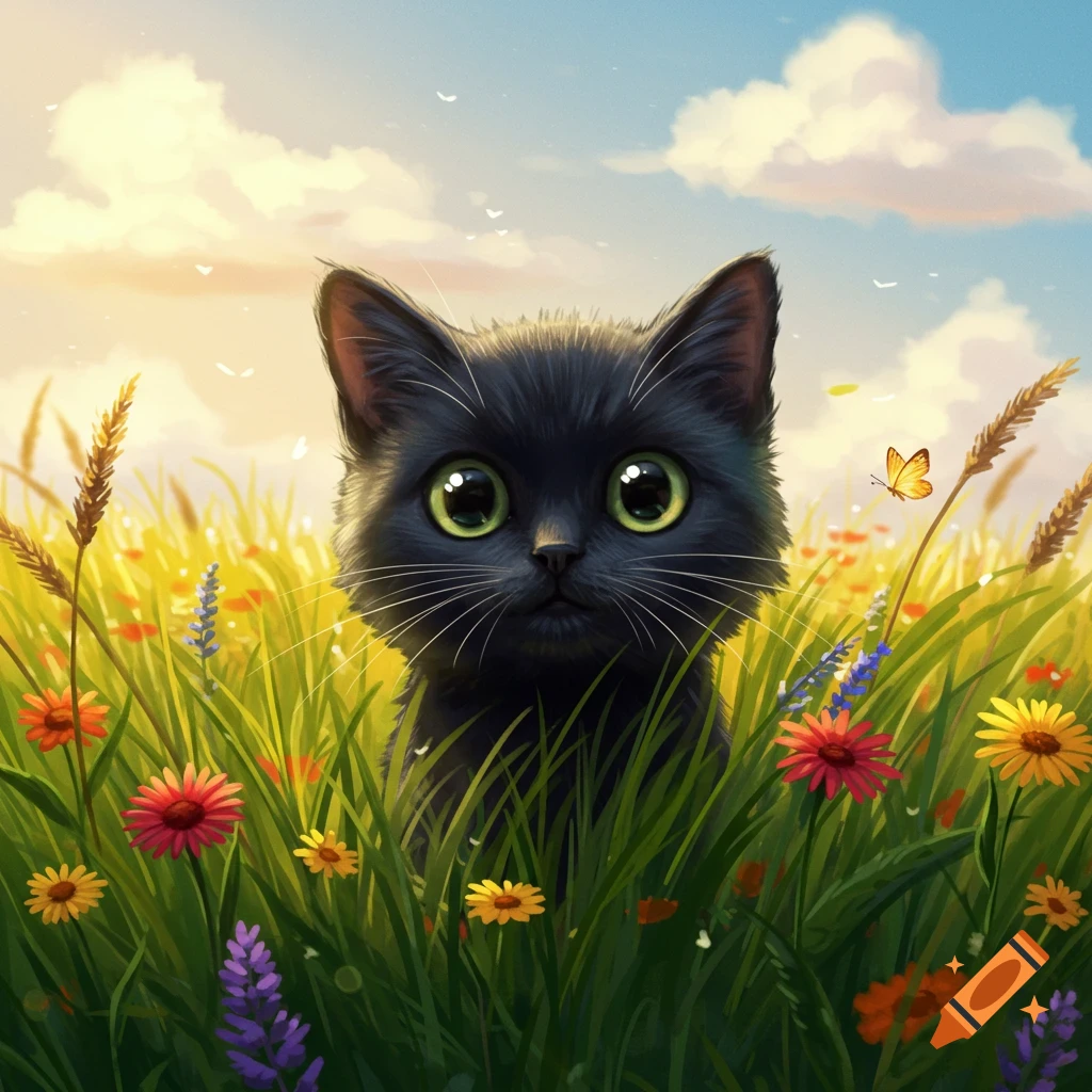 A cute black cat with big green eyes peeking out from a field of colorful wildflowers under a sunny sky.