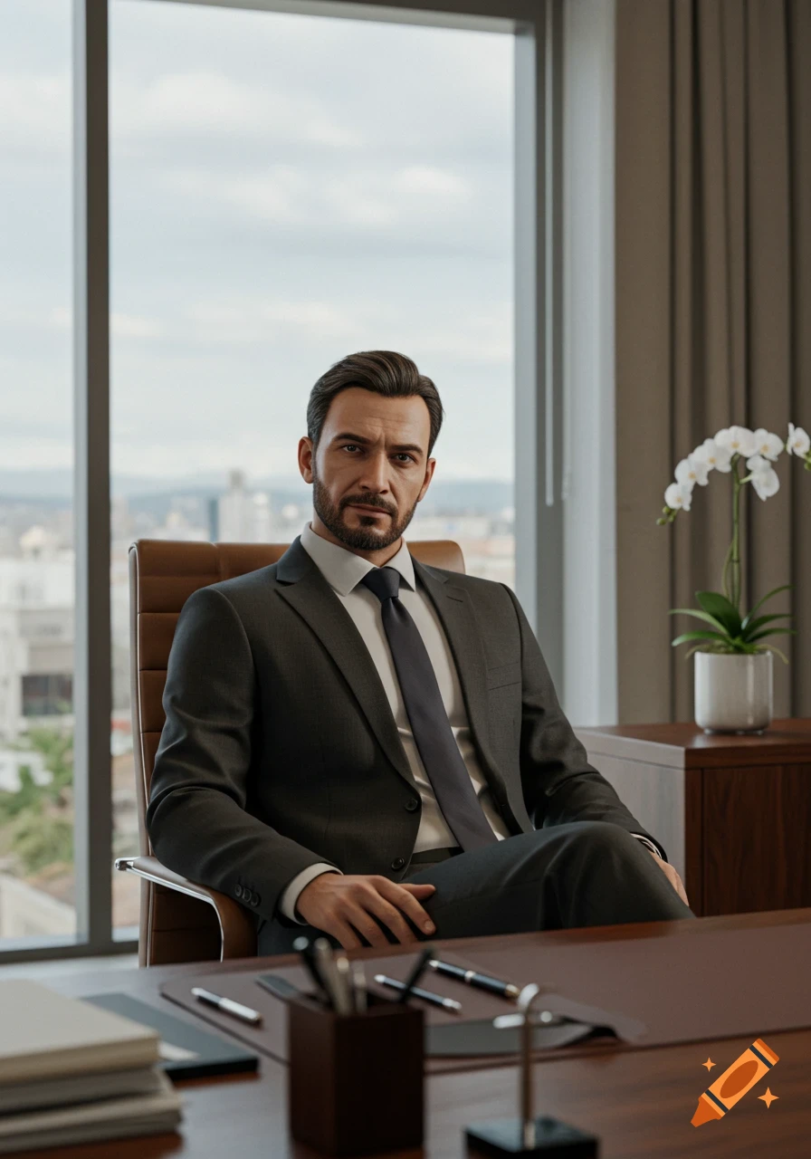 Photorealistic portrait of a serious man in a dark suit sitting at a desk in a modern office with a city view.