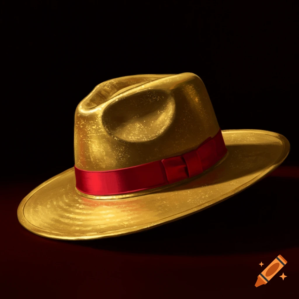 A golden fedora hat with a red ribbon band, bathed in dramatic light against a dark background.