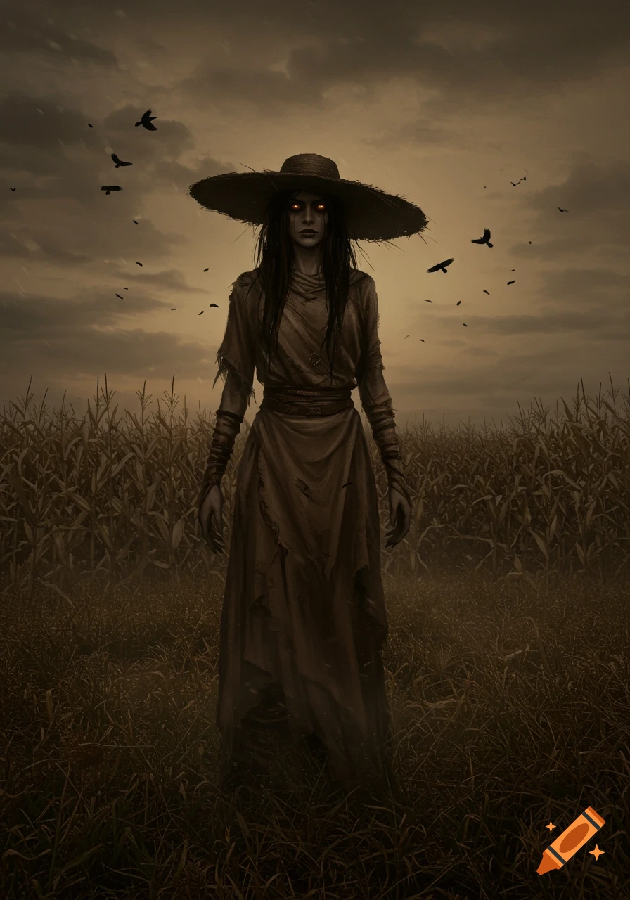 A gaunt, dark-haired female figure in a wide-brimmed hat and tattered dress with glowing red eyes stands in a dark cornfield under a cloudy sky with crows flying.