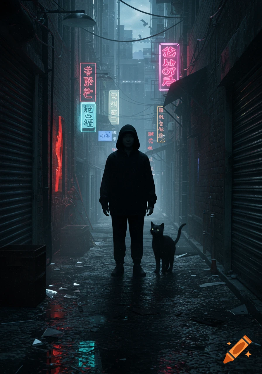 A person in a black hoodie stands with a black cat with glowing eyes in a dark, wet cyberpunk alley lit by colorful neon signs.
