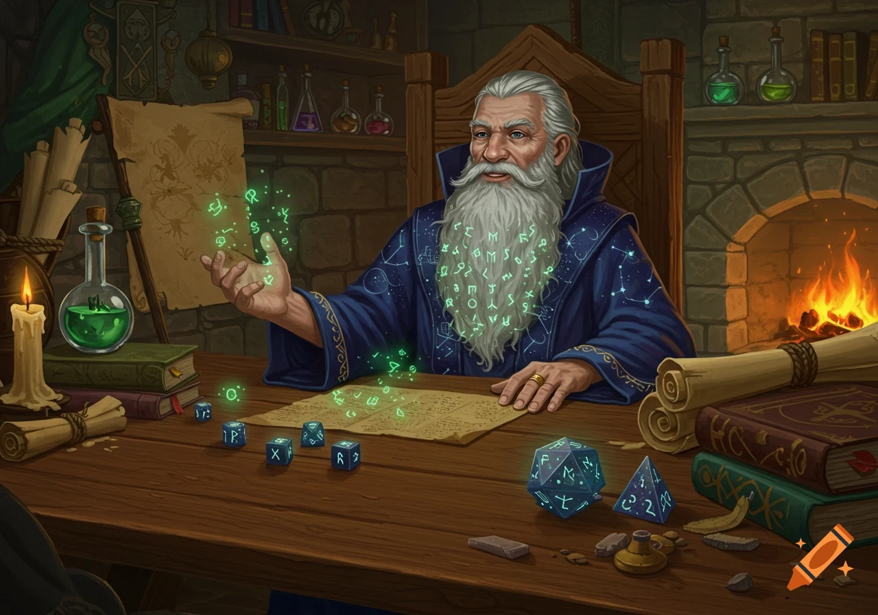 An old wizard with a long white beard sits at a wooden table, casting a spell with glowing green runes. Scrolls, a potion, and gaming dice are on the table next to a fireplace.