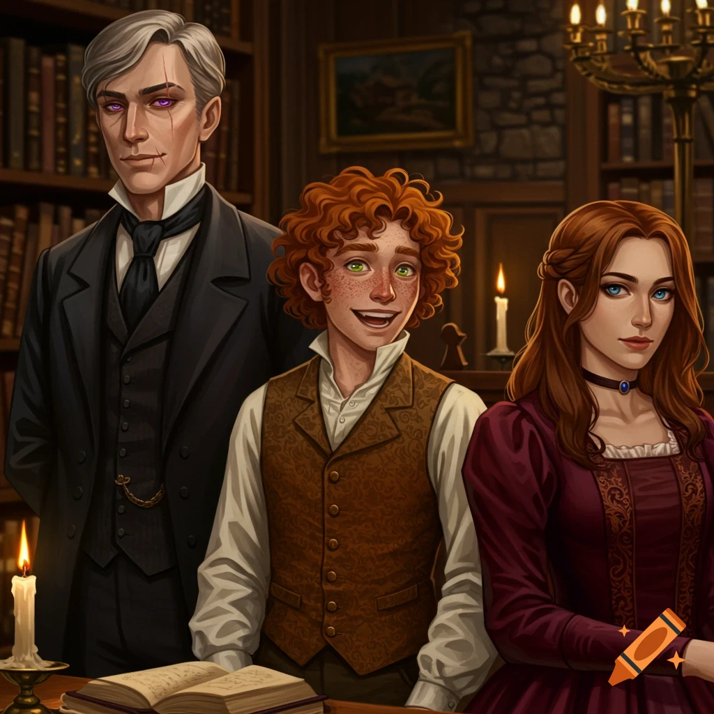 Digital painting of three 19th-century-style characters: an older man with white hair and a scar, a smiling young man with curly red hair and freckles, and a serious woman with brown hair, all in a dimly lit library.