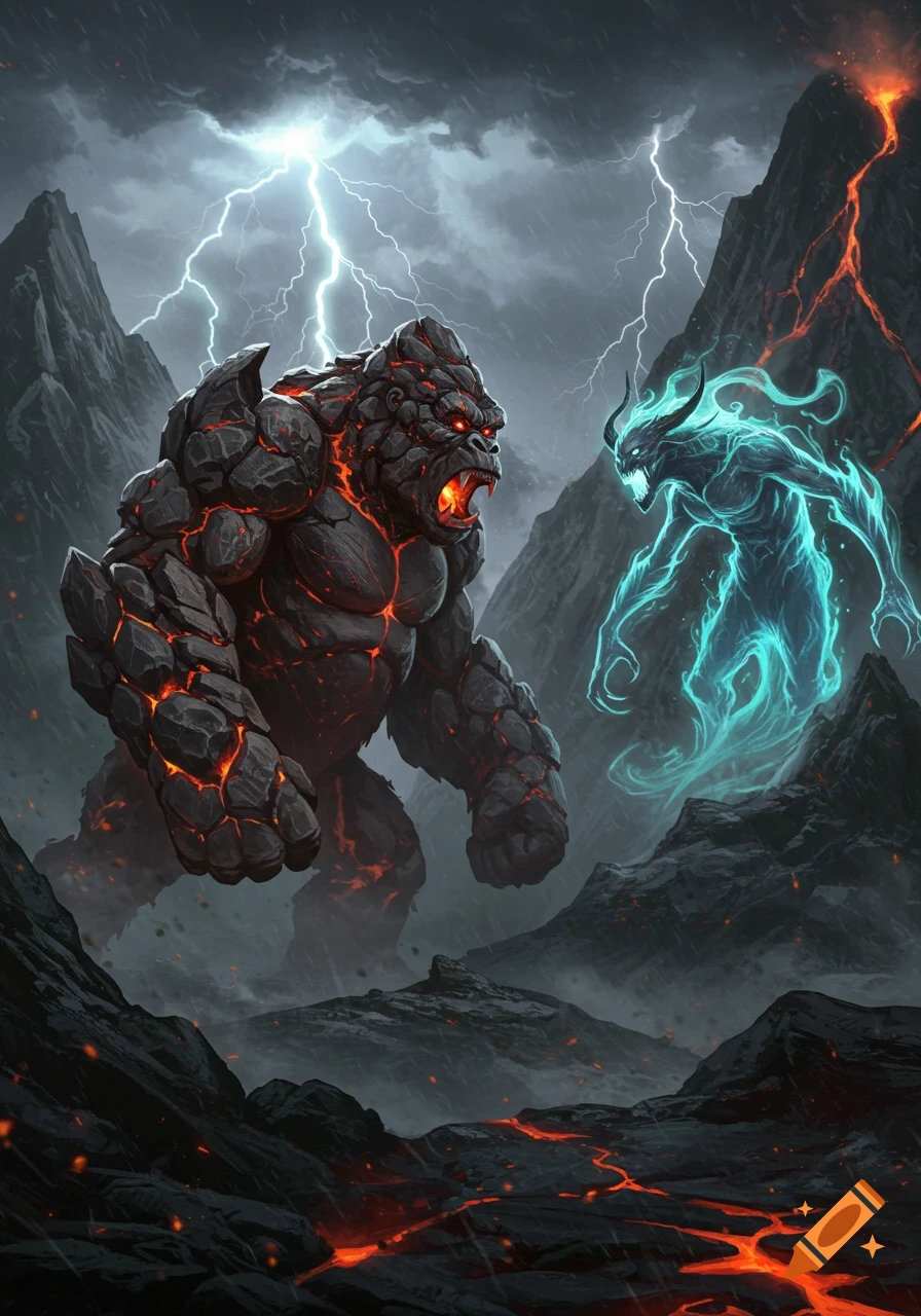 A roaring rock gorilla monster with glowing lava cracks battles a glowing blue spirit in a stormy volcanic landscape with lightning.