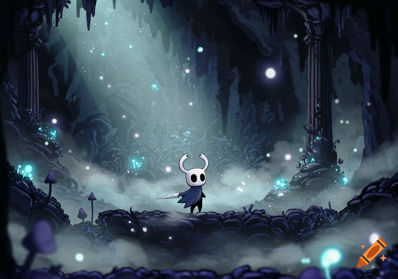A small knight with a white horned helmet and cape stands in a glowing, dark fantasy cave with bioluminescent plants.