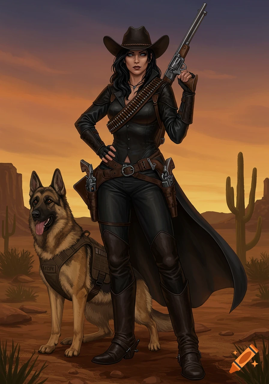 A dark-haired cowgirl in black leather with a rifle and revolvers stands with a German Shepherd in a desert.