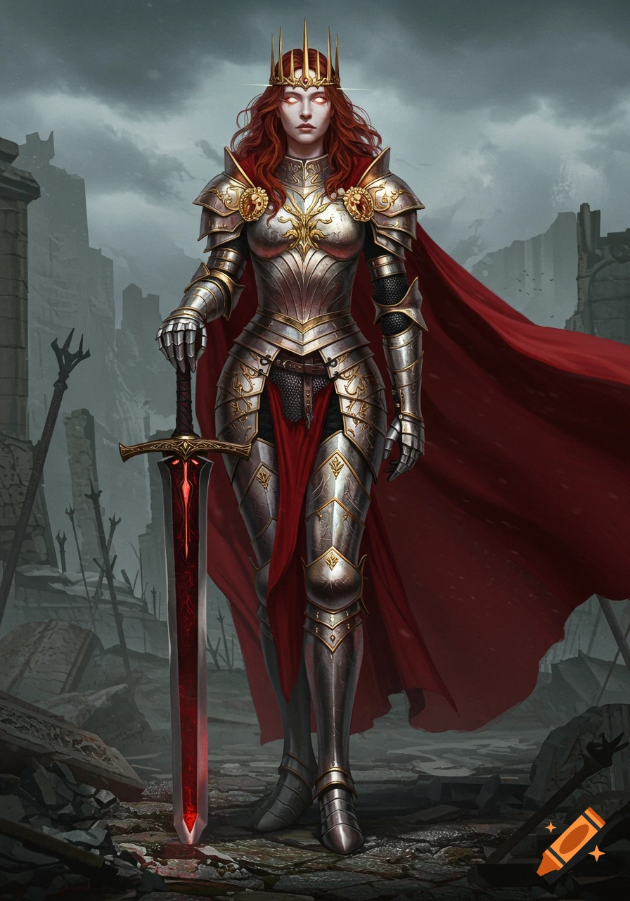 A powerful female knight in ornate silver and gold armor, with glowing red eyes and a red cape, stands holding a glowing sword in a ruined setting.