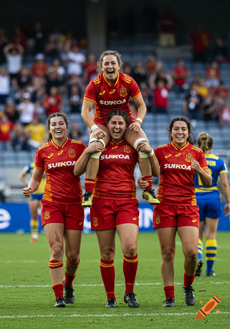 Four women rugby players in red uniforms celebrate on a field, one hoisted on another's shoulders.