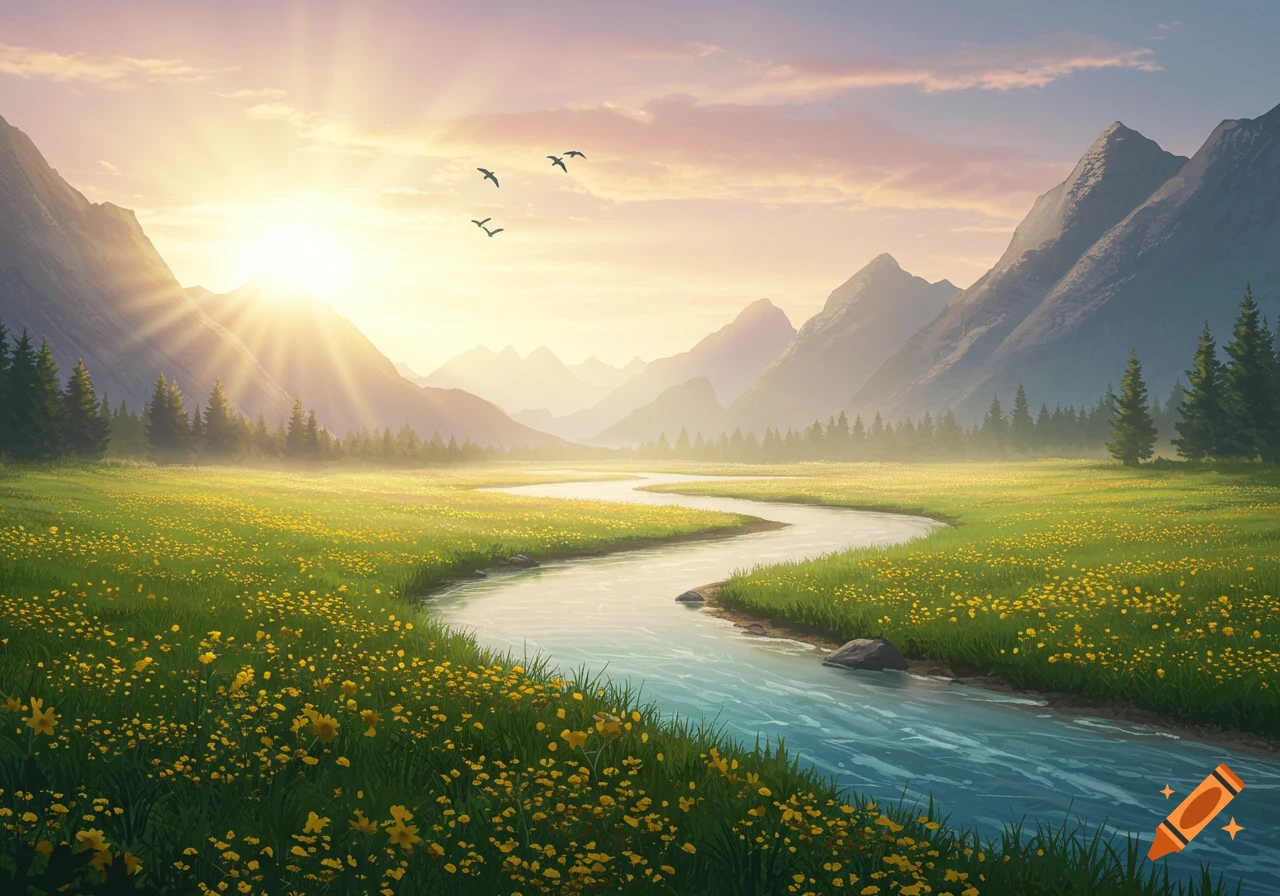 A serene digital painting of a winding river through a yellow flower meadow at sunrise, with mountains and birds flying.