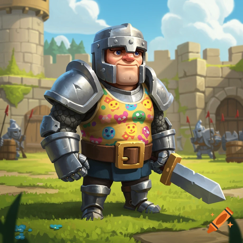 A cartoon knight in full armor, wearing a yellow tank top with colorful faces, holding a sword in front of a castle.