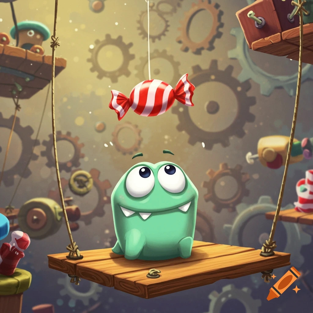 A cute green cartoon monster, Om Nom, sits on a wooden swing, looking up at a striped candy in a whimsical gear-filled setting.