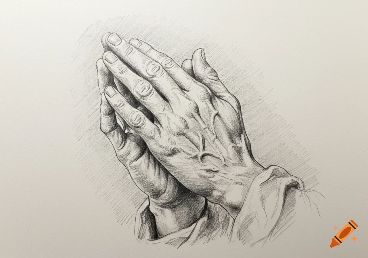 A detailed pencil drawing of two aged hands clasped together in prayer.