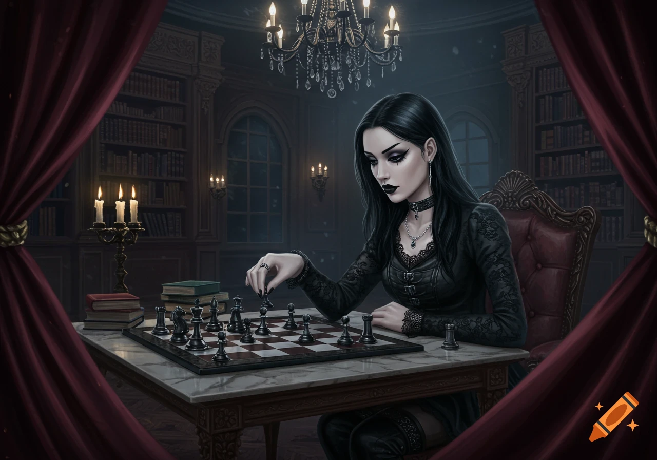 A goth girl with long black hair and dark makeup plays chess in a dark, ornate library, lit by candles and a chandelier.