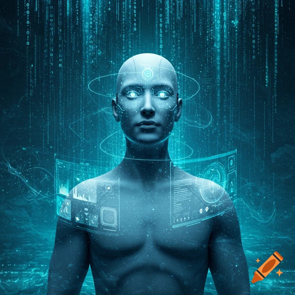 A glowing, bald, human-like AI entity surrounded by holographic interfaces and falling binary code in a dark, futuristic setting.