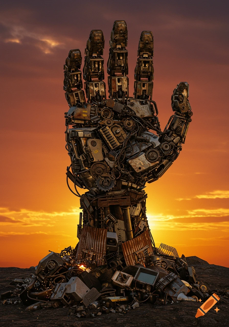 A monumental robot hand sculpture made of scrap metal and junk stands against a dramatic orange sunset.