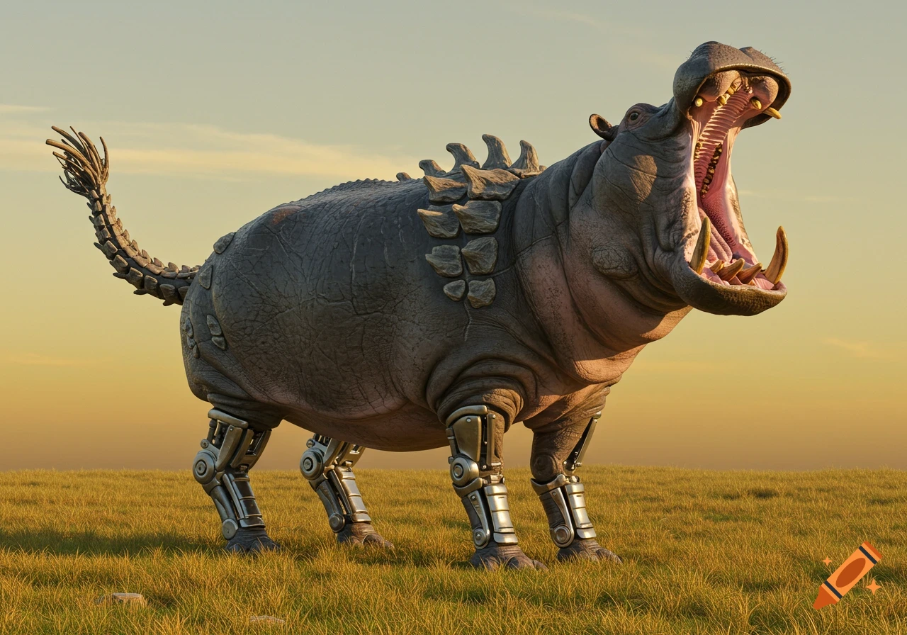 A roaring hippopotamus-like creature with robotic legs, bony back ridges, and a segmented tail stands in a grassy field at sunset.