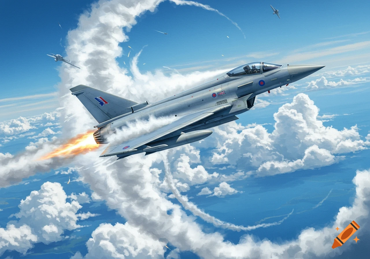 A powerful RAF Typhoon fighter jet with afterburners on, soaring through a blue sky with white clouds and vapor trails.