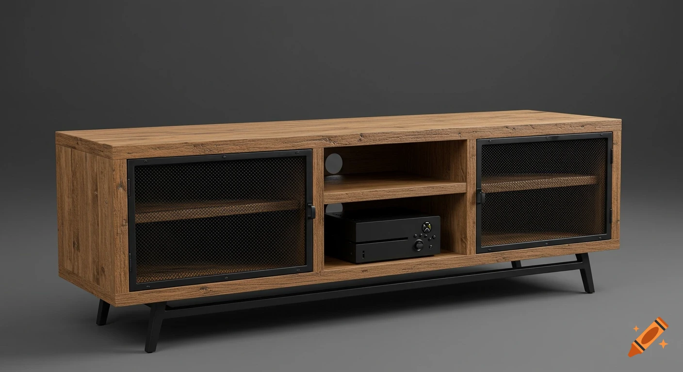 Rustic-industrial wooden TV sideboard with black mesh doors and an Xbox console in a central open compartment.