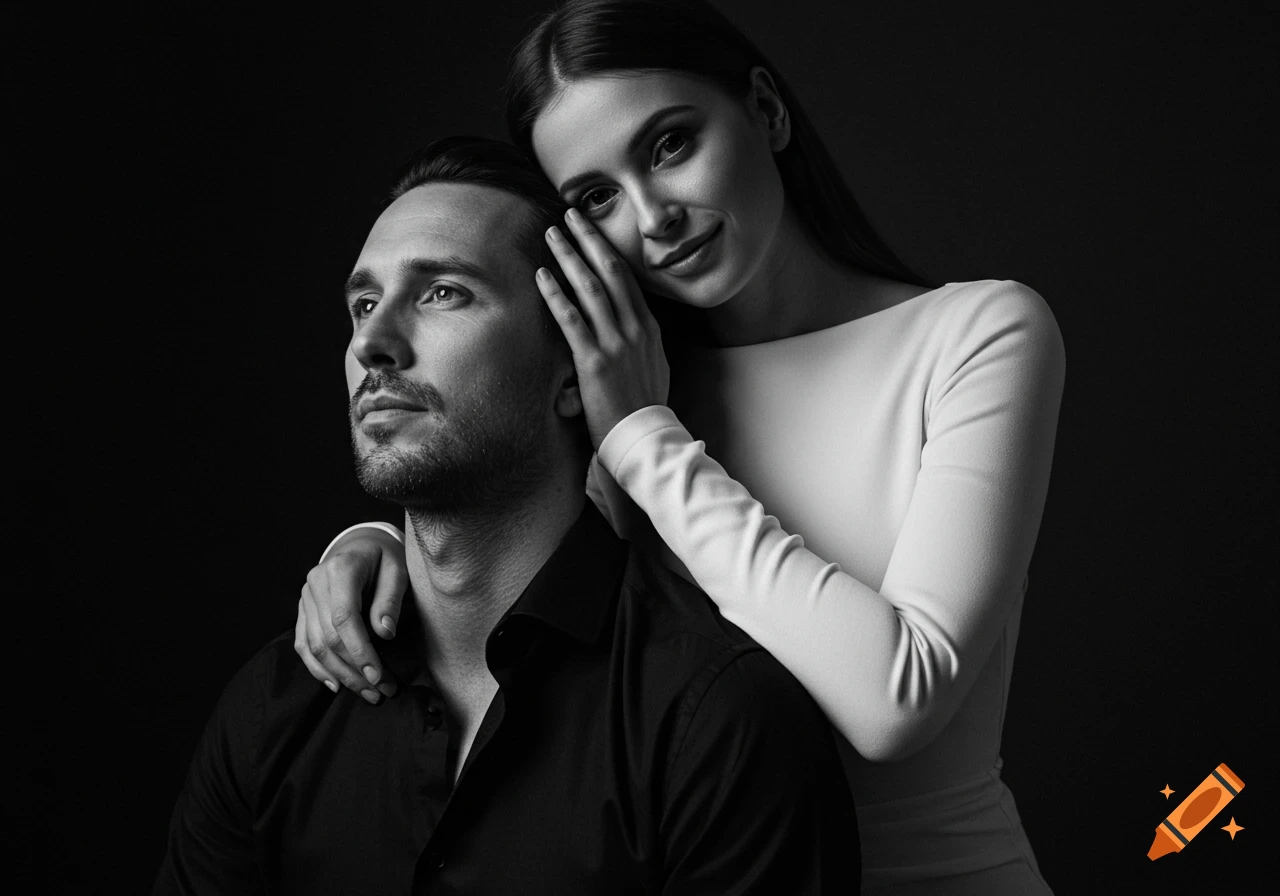 Black and white fashion portrait of a man and woman. The woman embraces the man from behind, looking at the camera.