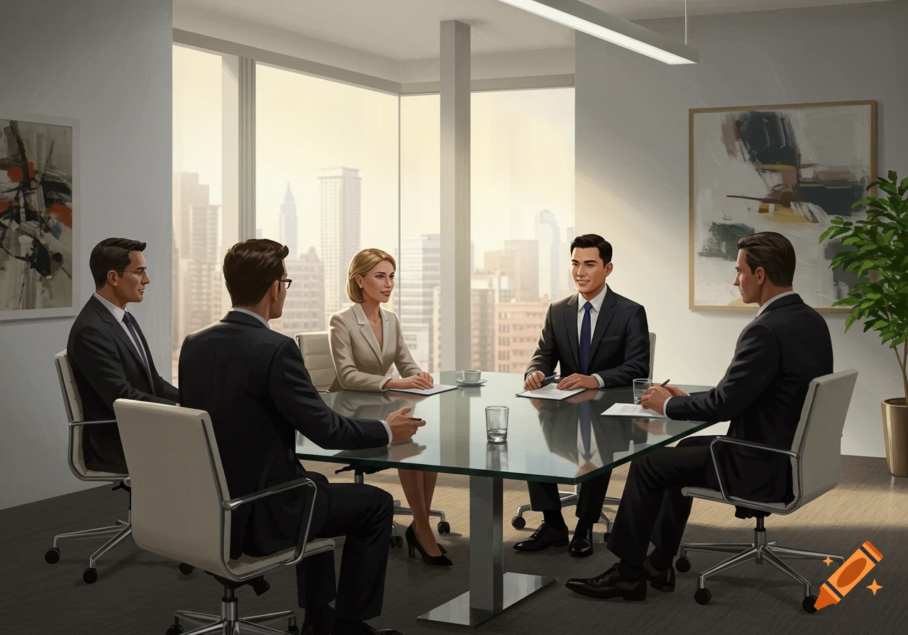 Five professionals in business attire sit around a glass table in a modern office with large windows overlooking a city skyline.