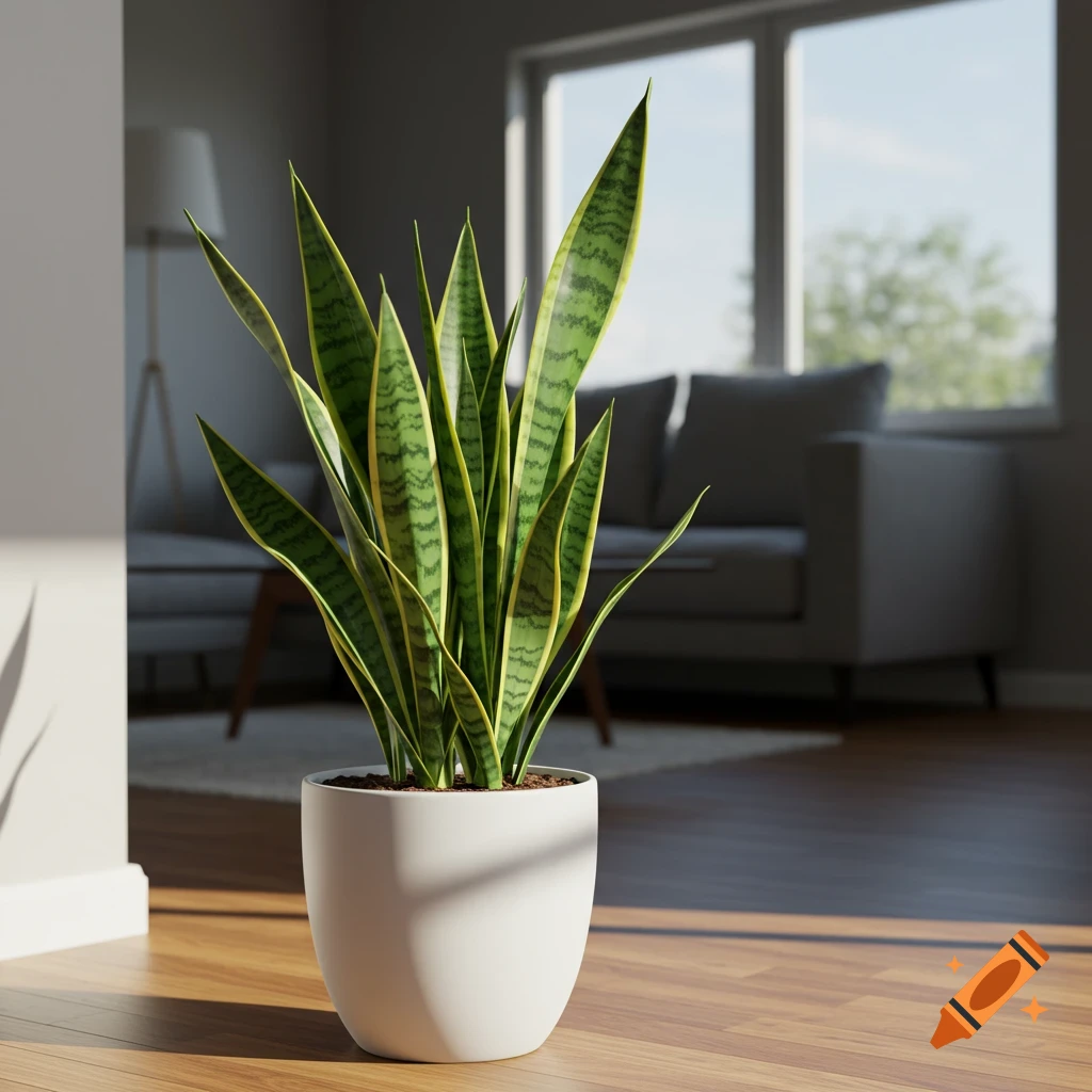 A vibrant snake plant in a white pot on a wooden floor, sunlit, with a modern living room in the background.