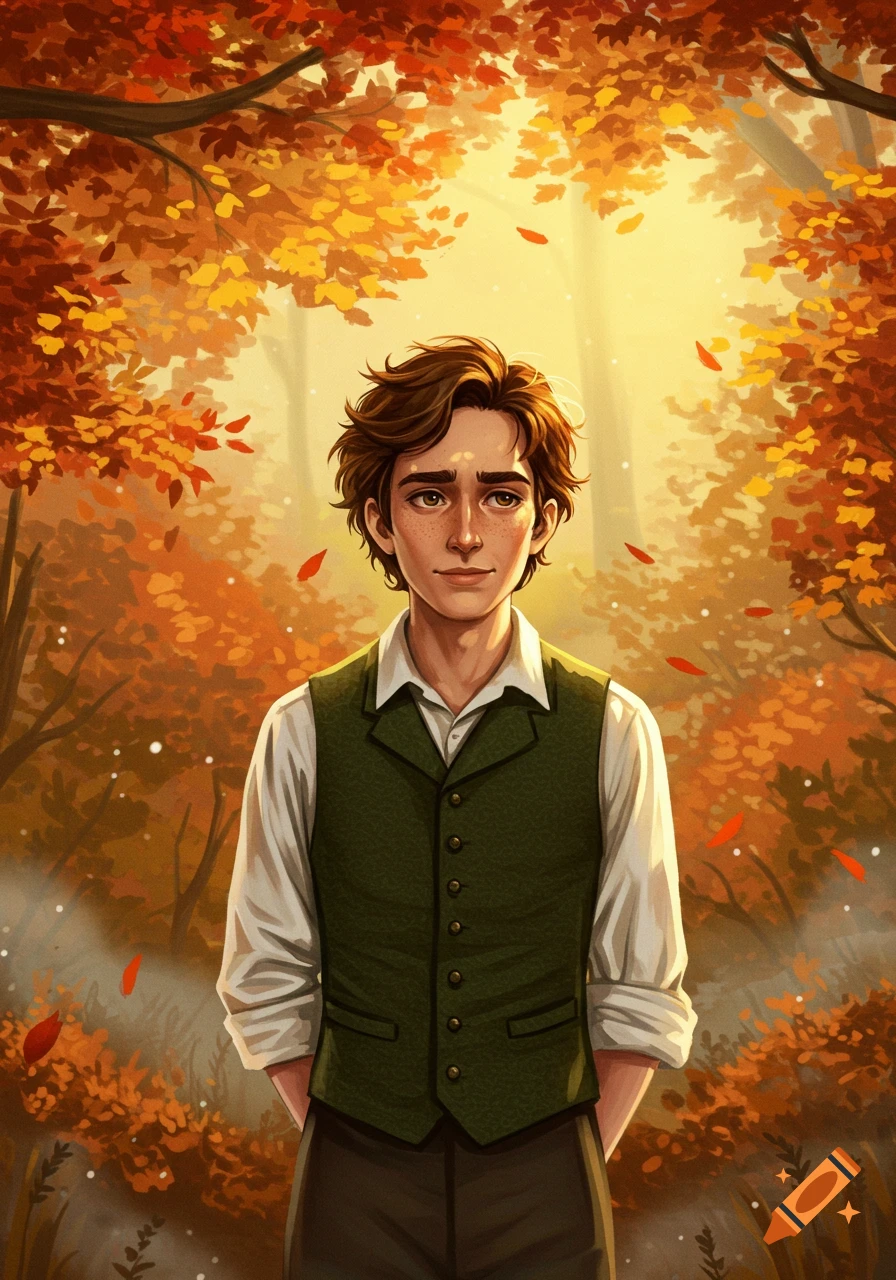 A young man with wavy brown hair, freckles, a white shirt, and a green vest stands in an autumn forest with orange and red leaves, digital illustration.
