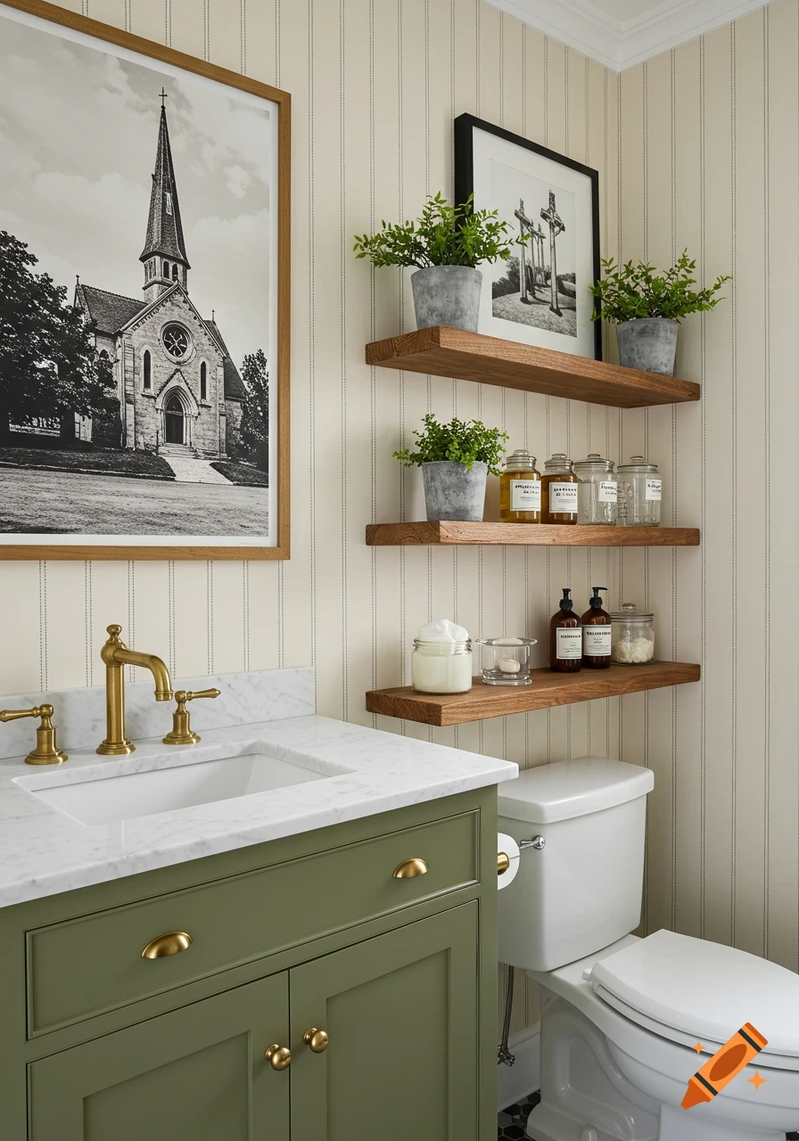A modern bathroom with an olive green vanity, white marble counter, and brass faucet. Wooden floating shelves hold plants and jars next to a toilet, with a large black and white framed church art piece.