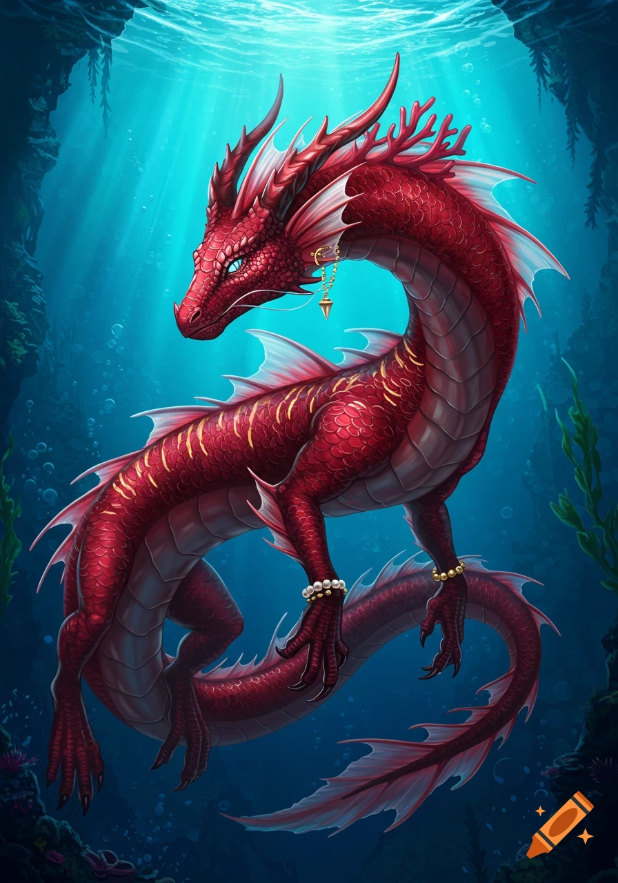 A majestic red aquatic dragon with glowing gold scales, coral horns, pearl bracelets, and a gold earring, swims in a vibrant blue underwater trench.
