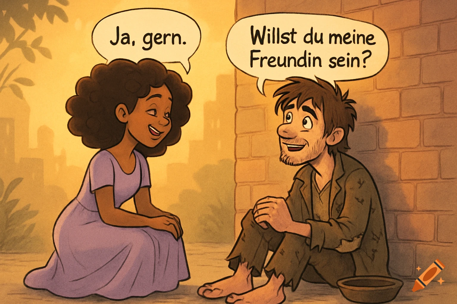 Cartoon of a smiling woman and a man in tattered clothes with speech bubbles saying "Willst du meine Freundin sein?" and "Ja, gern." in a city.
