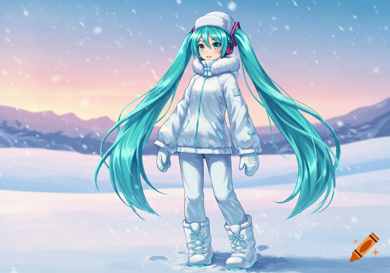 Anime character Hatsune Miku in white snow gear and earmuffs stands in a snowy mountain landscape at sunset with falling snow.
