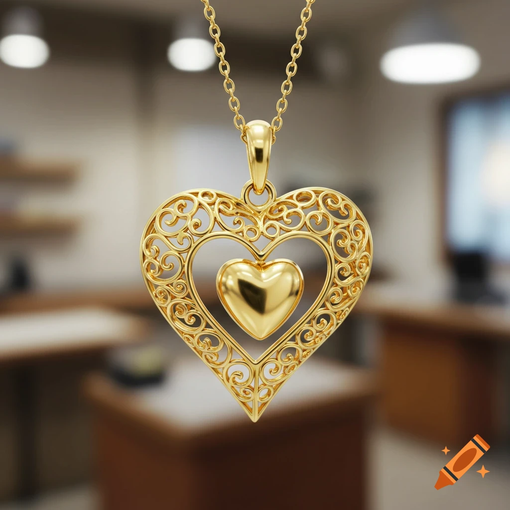 A delicate gold filigree heart pendant with a smaller, solid gold heart inside, hanging from a gold chain.