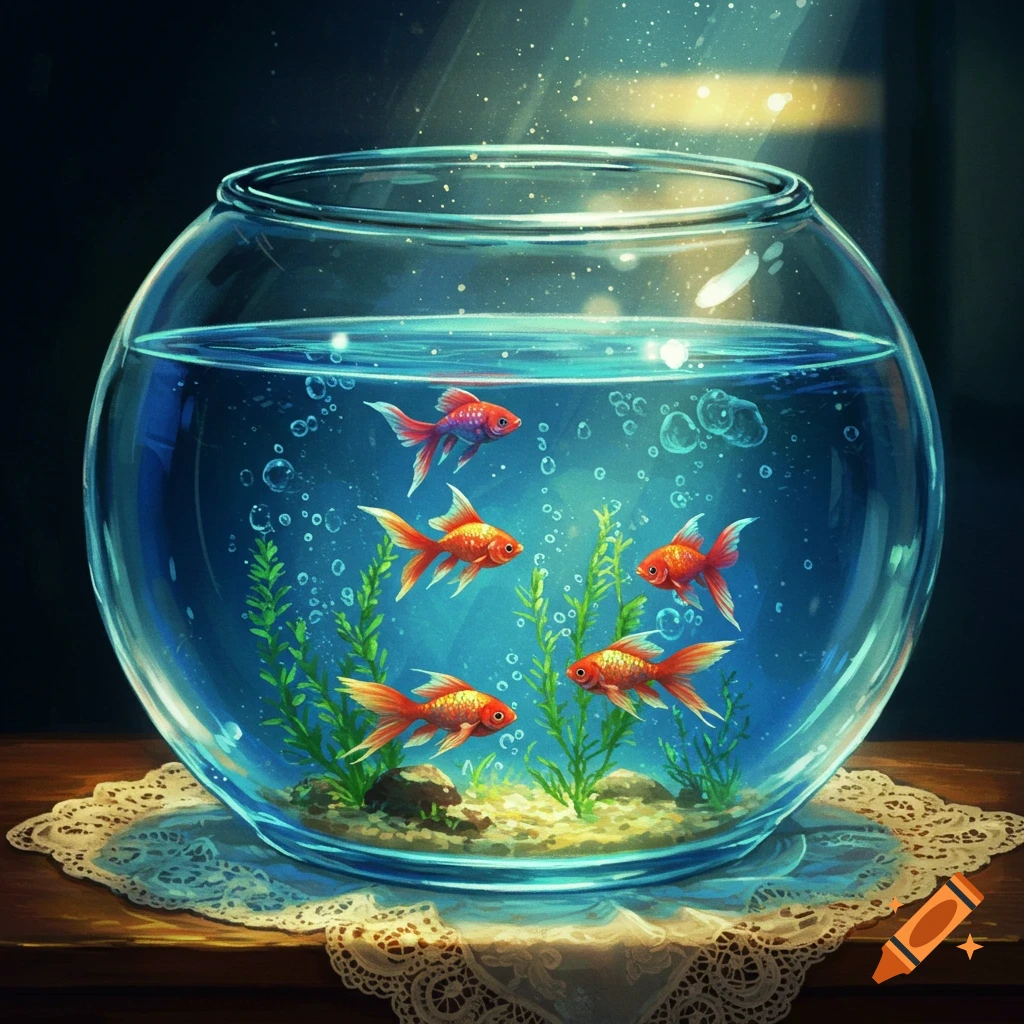 Illustrative image of five orange goldfish swimming in a clear glass fish bowl with aquatic plants, resting on a lace doily.