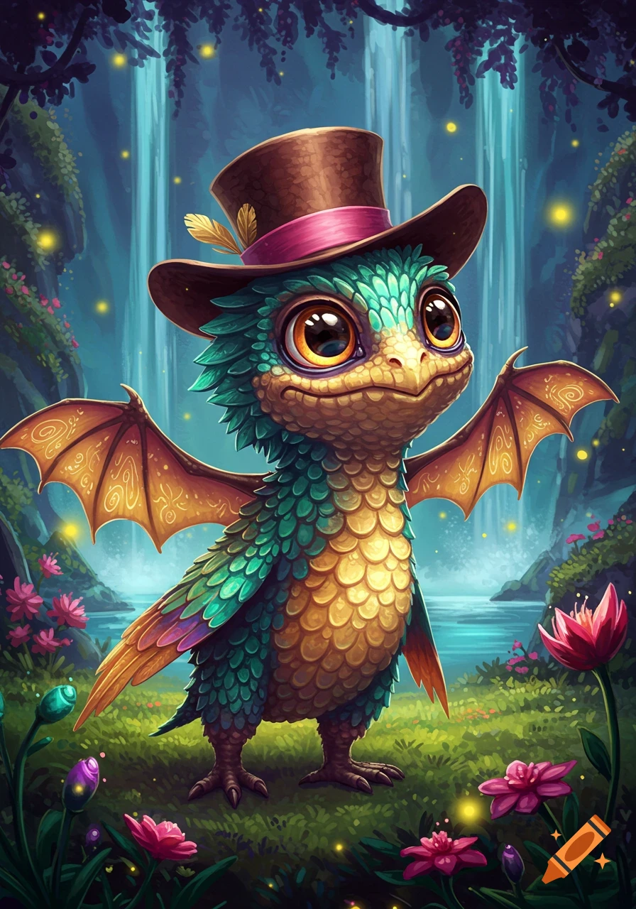 A cute, stylized, green and gold baby dragon wearing a top hat stands in a magical forest with waterfalls and glowing flowers.