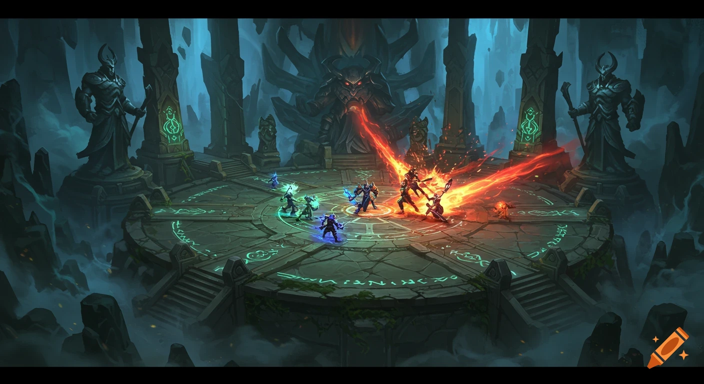 A fantasy arena battle where two teams of armored heroes fight with glowing magic on a rune-marked platform, overlooked by giant statues and a demonic structure.