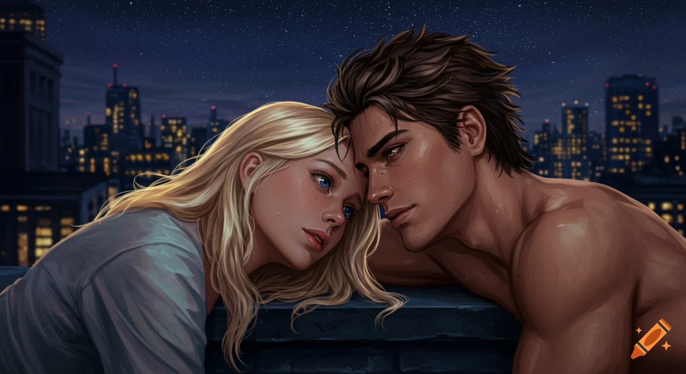 A digitally painted romantic scene of a man and woman leaning on a rooftop, gazing at the starry night sky over a city.