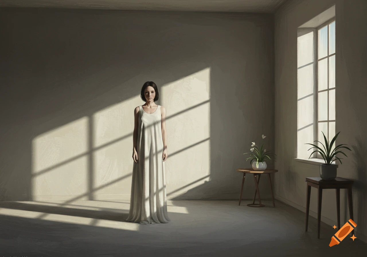 A full-body portrait of a solemn woman in a white dress standing in a sunlit, empty room with window shadows and potted plants.