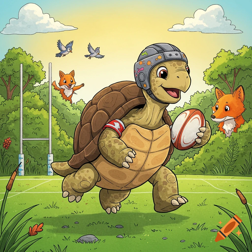 A cheerful cartoon turtle wearing a helmet and arm band runs with a rugby ball on a green field, with foxes, birds, and goalposts in the background.