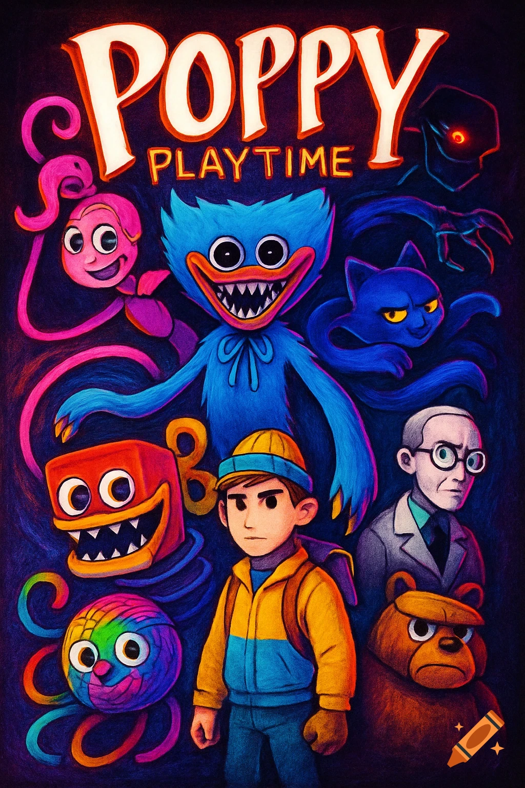 A colorful, cartoon-style poster features Poppy Playtime characters like Huggy Wuggy, Mommy Long Legs, and a protagonist, with the title "POPPY PLAYTIME".